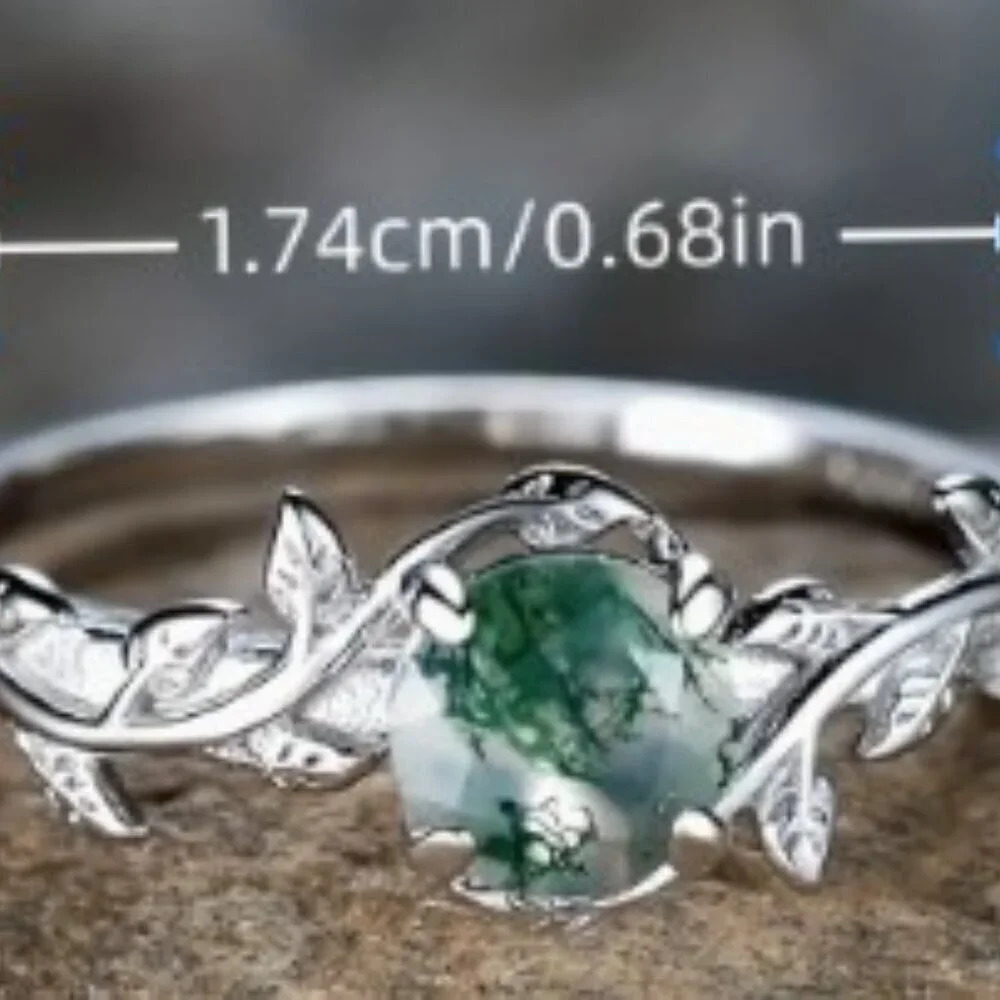 Round Water Grass Agate Ring - 925 Sterling Silver, Hypoallergenic Women size 8 - Picture 4 of 6